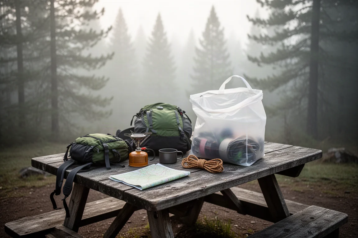 Campingtisch im Morgengrauen mit Backpacking-Ausrüstung und einem offenen durchscheinenden Aufbewahrungsbeutel