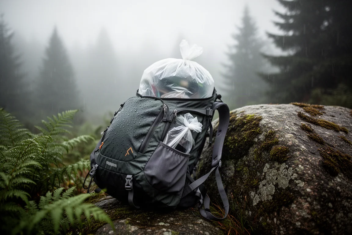 Rucksack auf einem moosigen Findling bei leichtem Regen mit einem Aufbewahrungsbeutel darin
