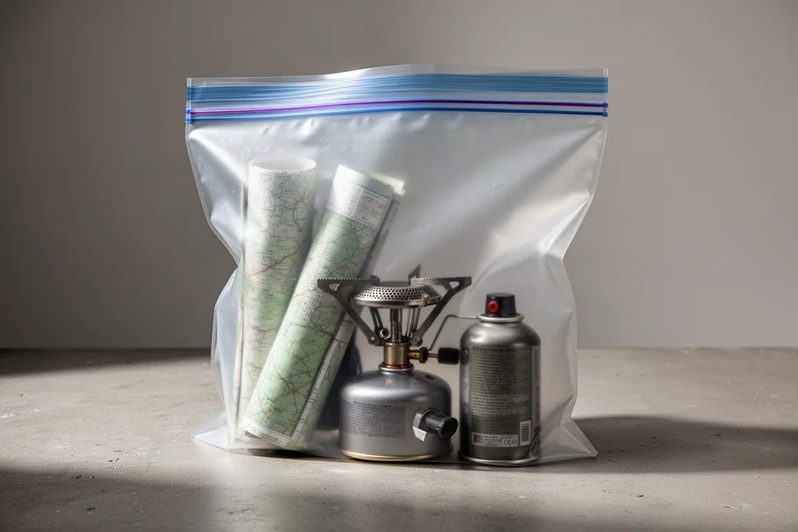 Large translucent heavy-duty ziplock bag holding folded camping gear on a concrete surface