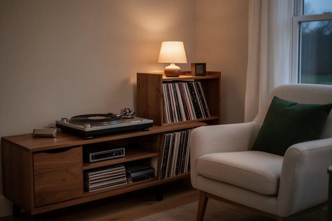 Angolo di una sala d'ascolto al crepuscolo con una libreria per dischi, luce calda di una lampada e un giradischi su una console in legno