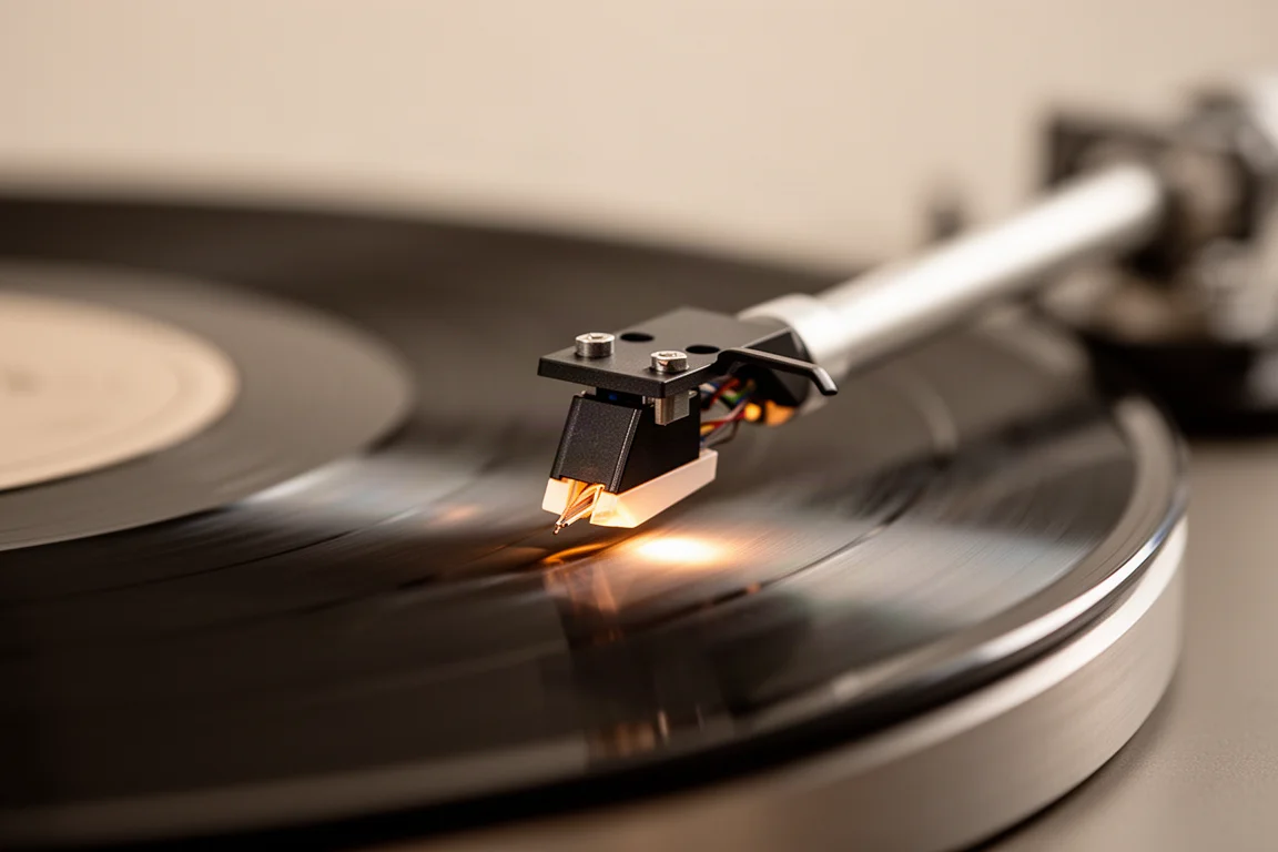 Vista macro di uno stilo che segue i solchi di un disco in vinile in rotazione