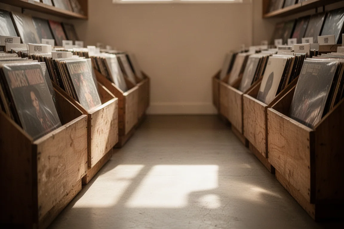 Corridoio di un negozio di dischi con cassette di vinili nella luce calda del pomeriggio
