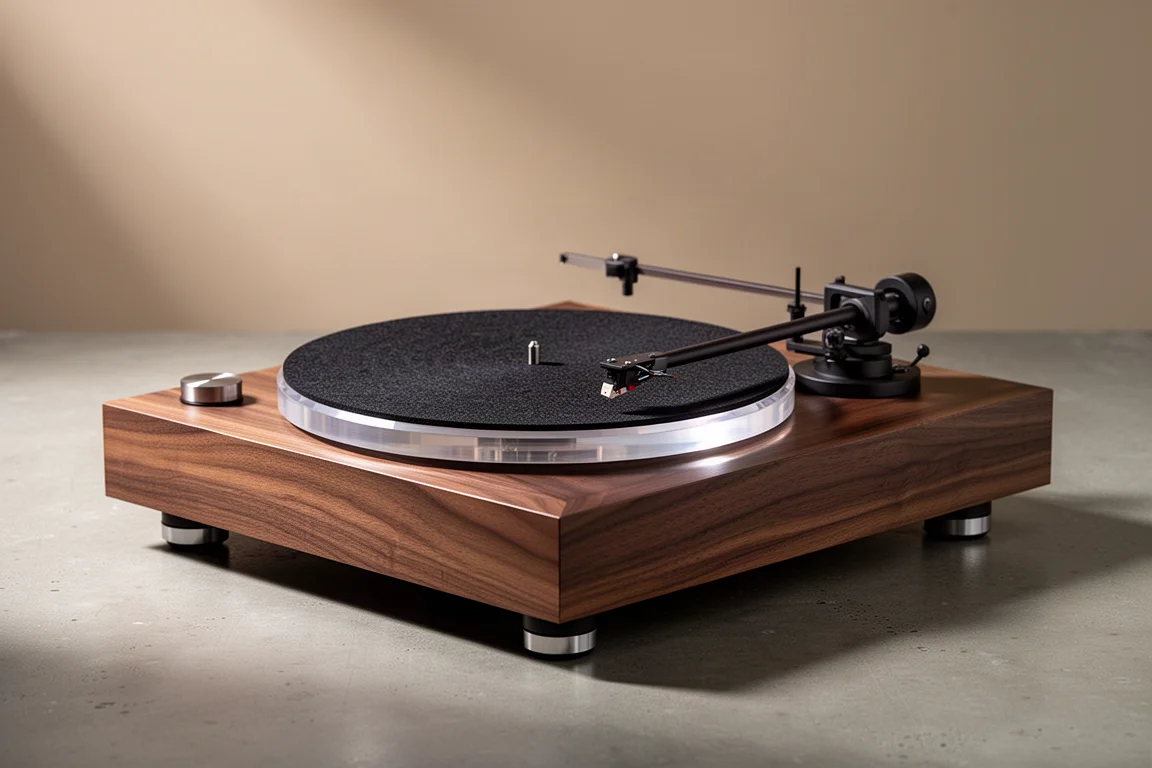 Walnut plinth belt-drive turntable with acrylic platter and slim tonearm on a concrete surface