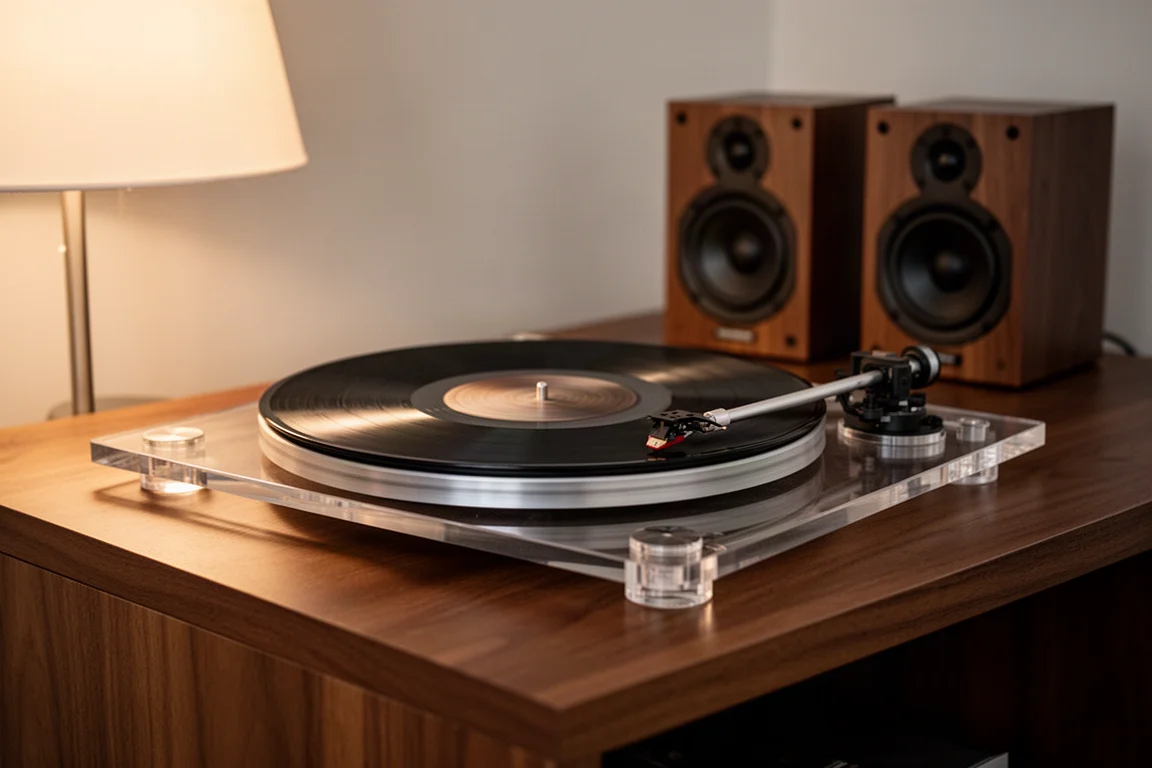 Disco de vinilo girando sobre un plato de acrílico transparente en una cálida sala de escucha