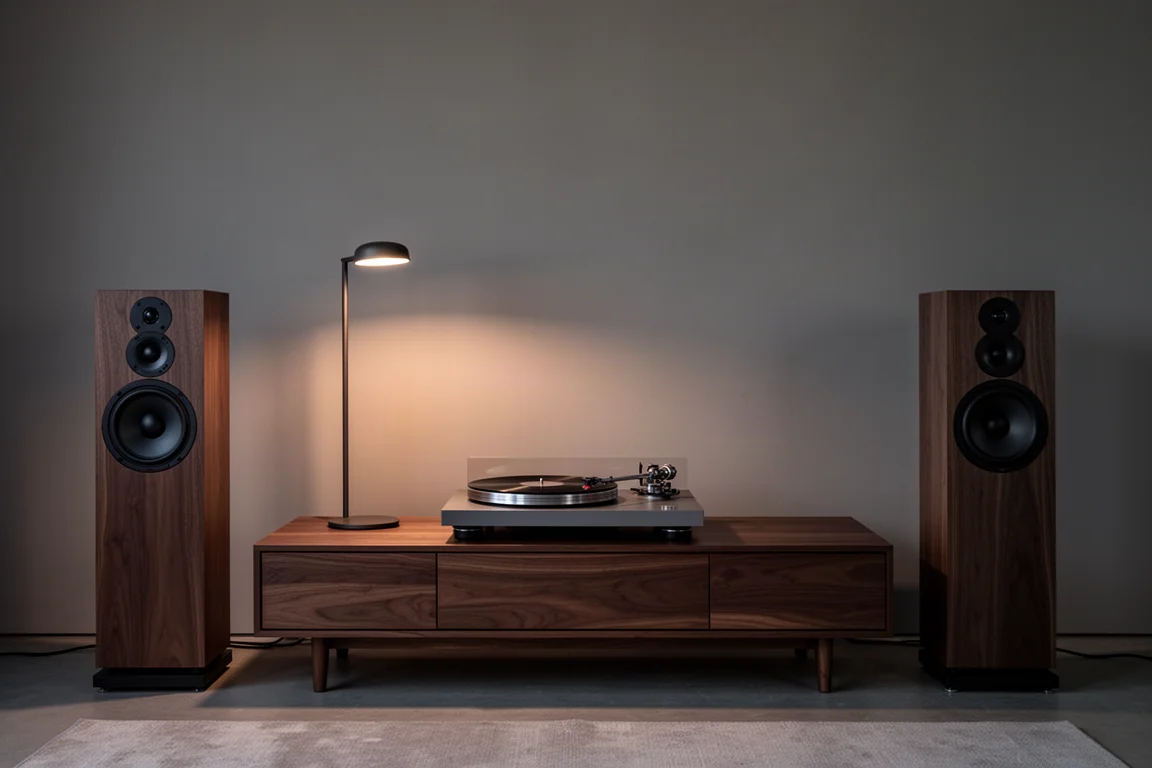 Tocadiscos sobre un mueble de madera entre altavoces de suelo al atardecer