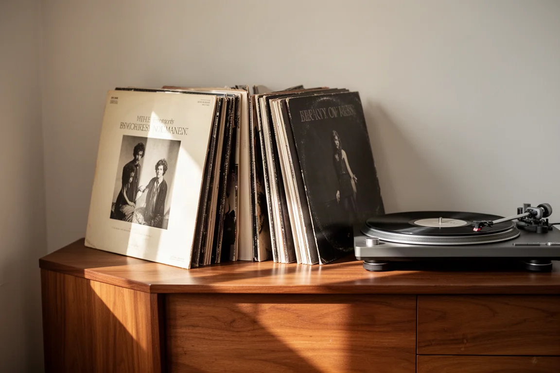 Discos de vinilo sobre un aparador de madera junto a un tocadiscos a la luz del día