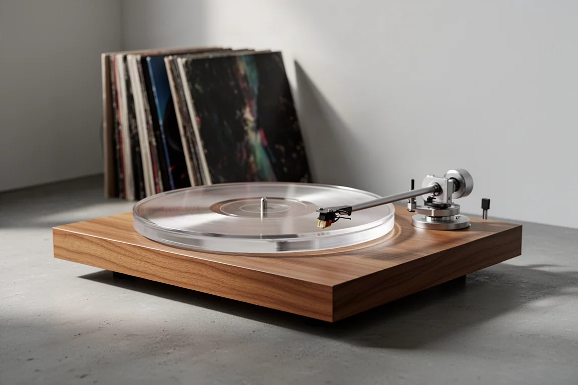 Wood-plinth belt-drive turntable with acrylic platter and vinyl records behind it