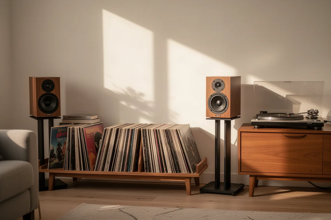 Salón iluminado por el sol con discos de vinilo en un estante bajo de madera y altavoces compactos