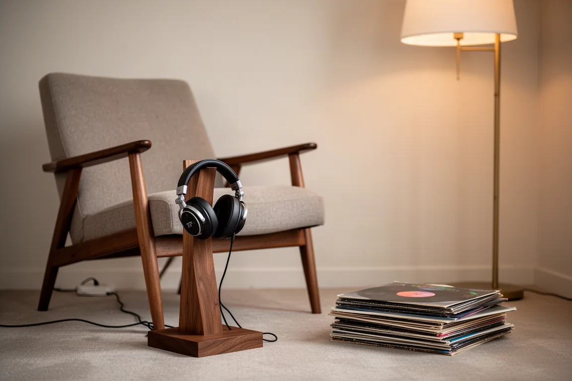 Auriculares abiertos sobre un soporte de madera junto a un sillón de escucha y discos