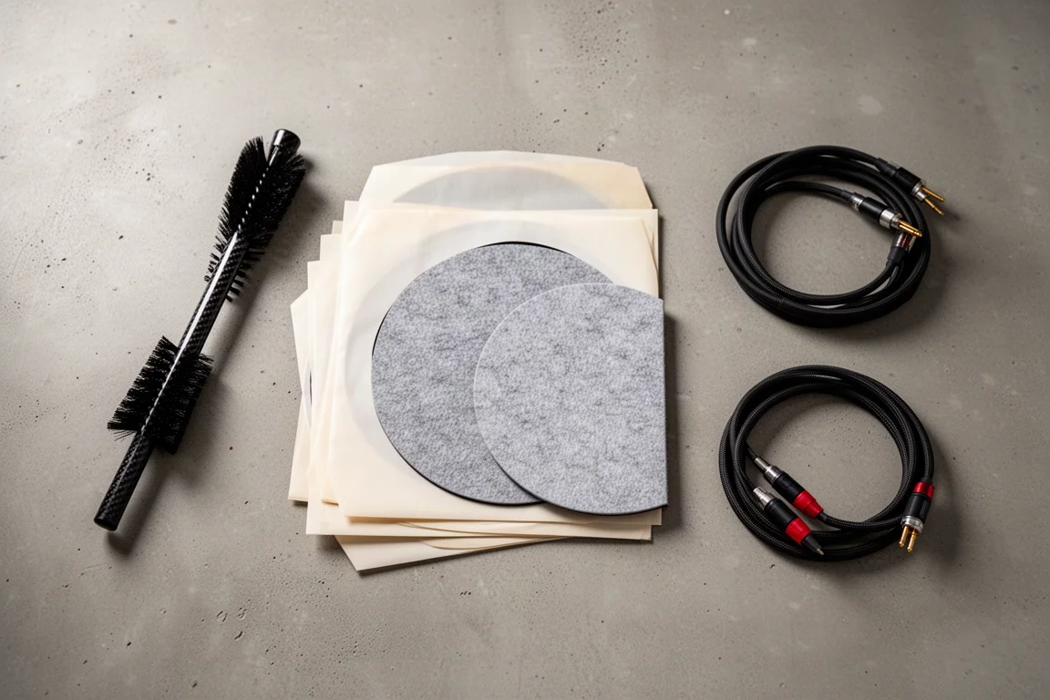Vista cenital de accesorios para vinilo, como un cepillo para discos y fundas interiores