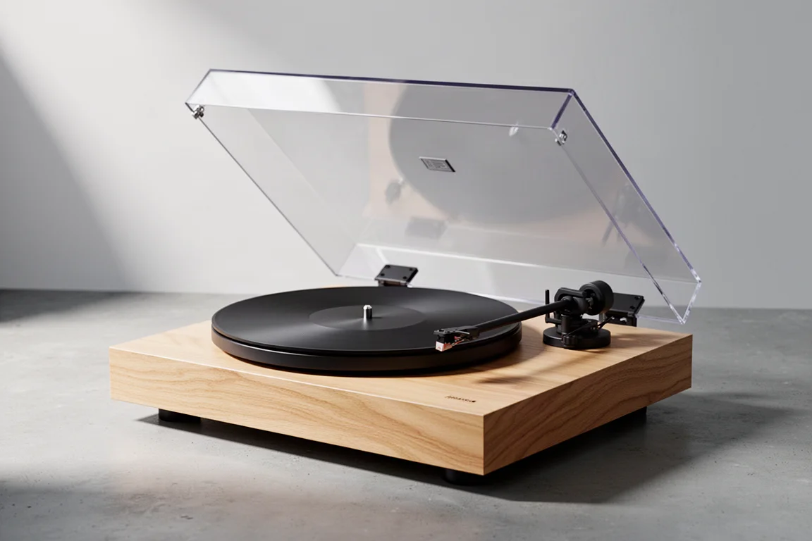 Belt-drive turntable with wood plinth, dark tonearm and raised dust cover on concrete