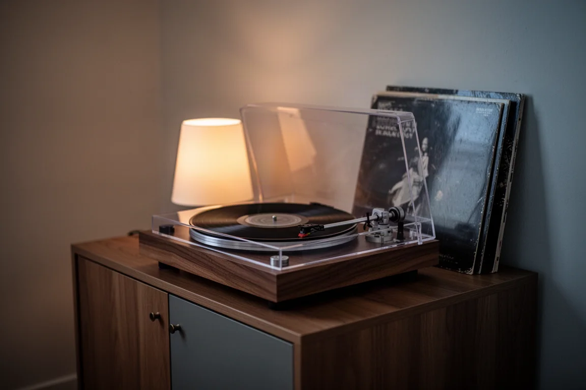 Toca-discos com base de madeira e disco girando em uma sala de audição com pouca luz