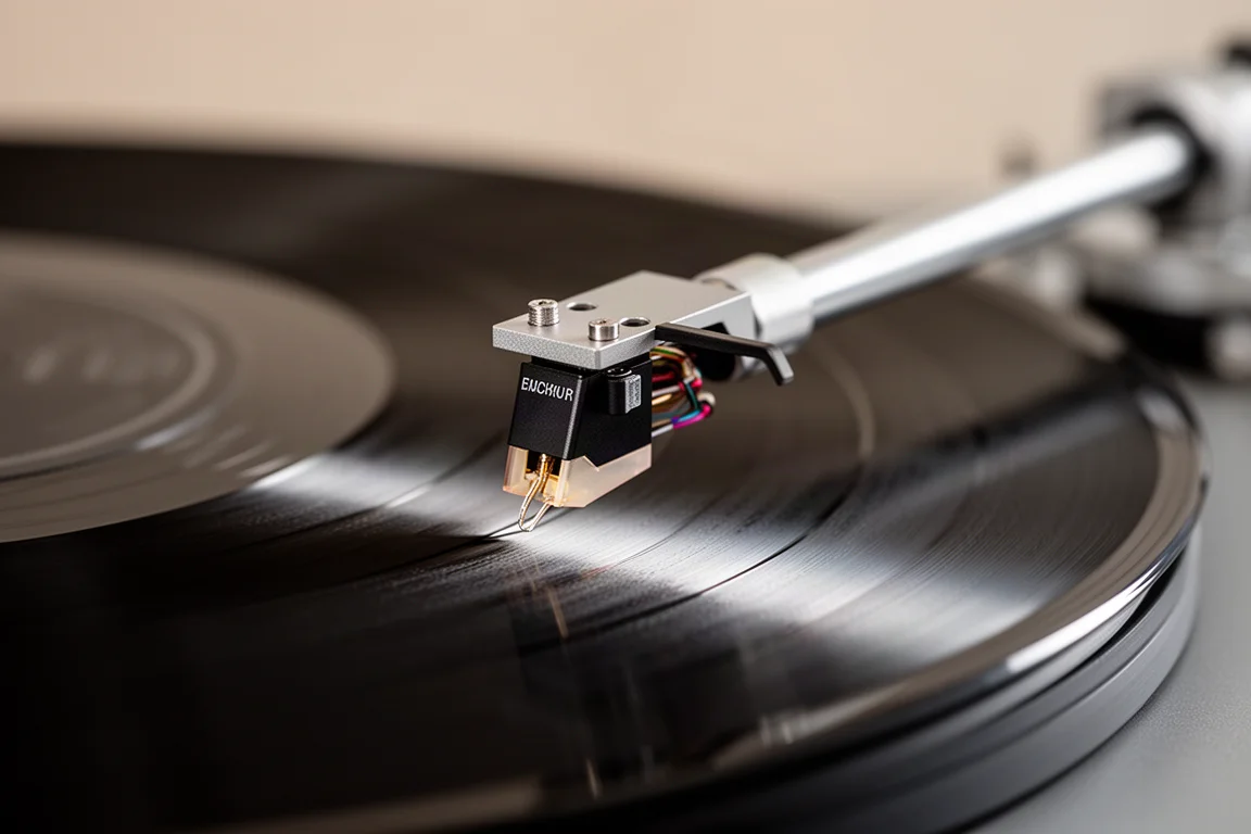 Vista macro de um braço e agulha baixados sobre um disco de vinil girando