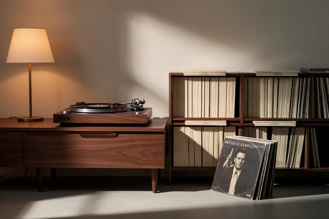 Canto de audição noturno com um toca-discos ao lado de uma estante de discos de vinil