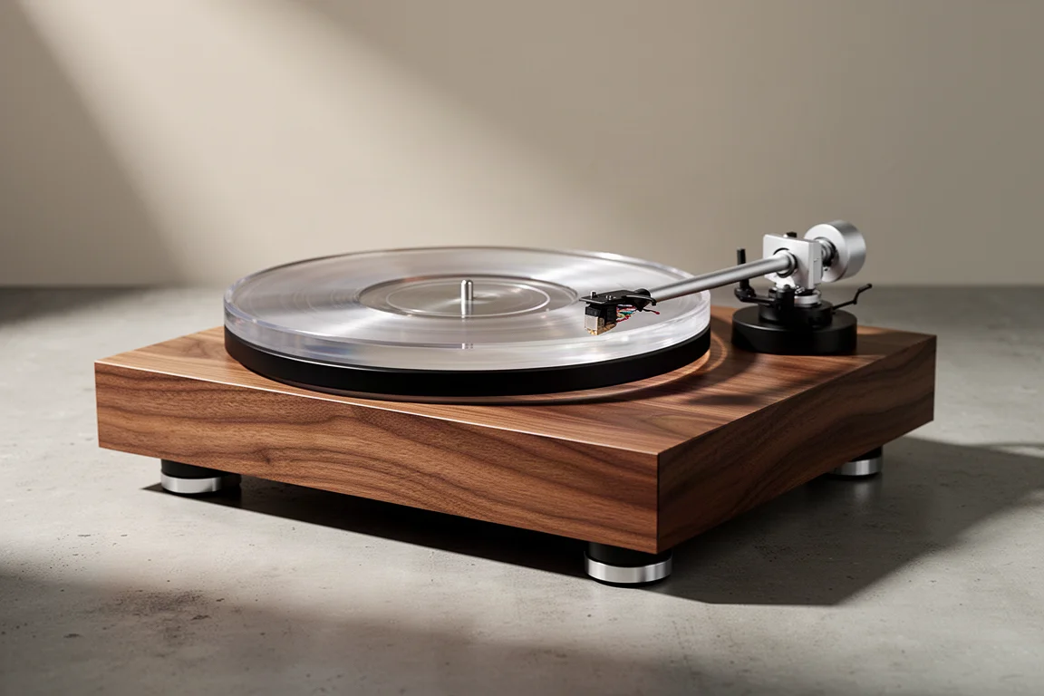 Walnut plinth belt-drive turntable with acrylic platter and magnesium tonearm on concrete
