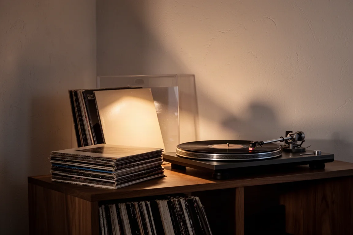 Listening room corner at dusk with records stacked on a low wooden shelf