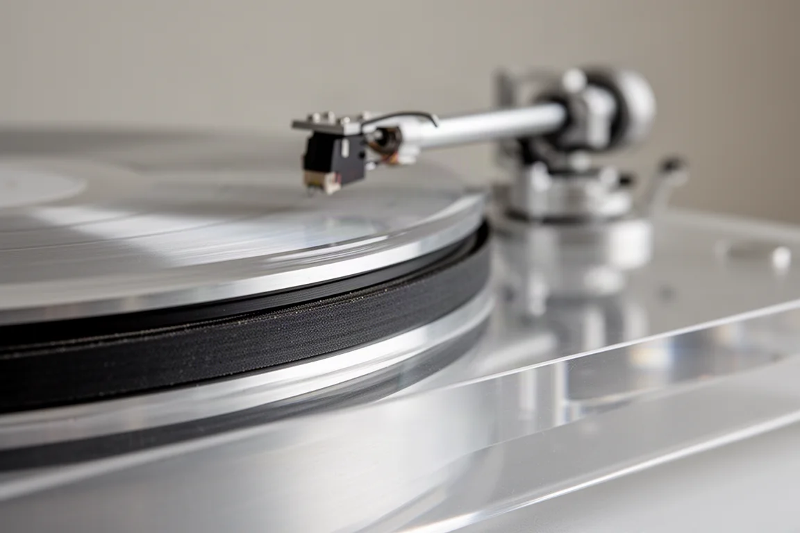 Close-up of a turntable platter edge with the drive belt seated in its groove
