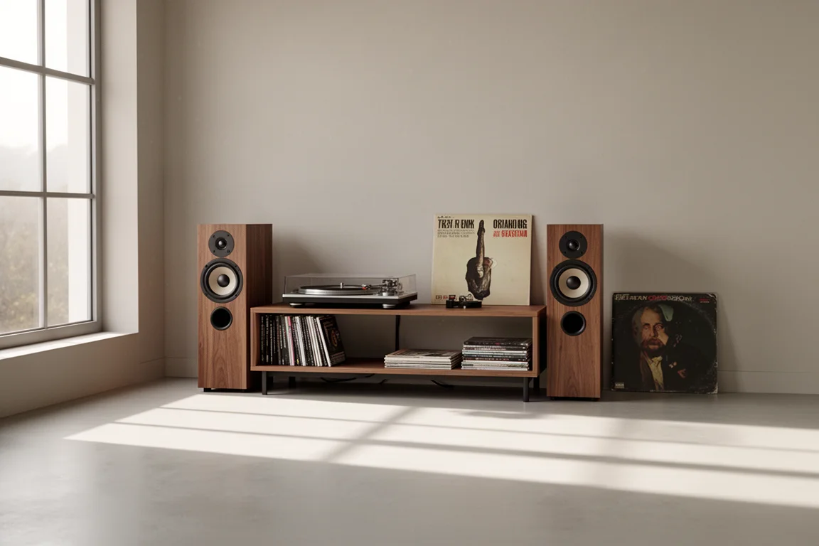 Living room hi-fi setup with turntable and speakers in afternoon light