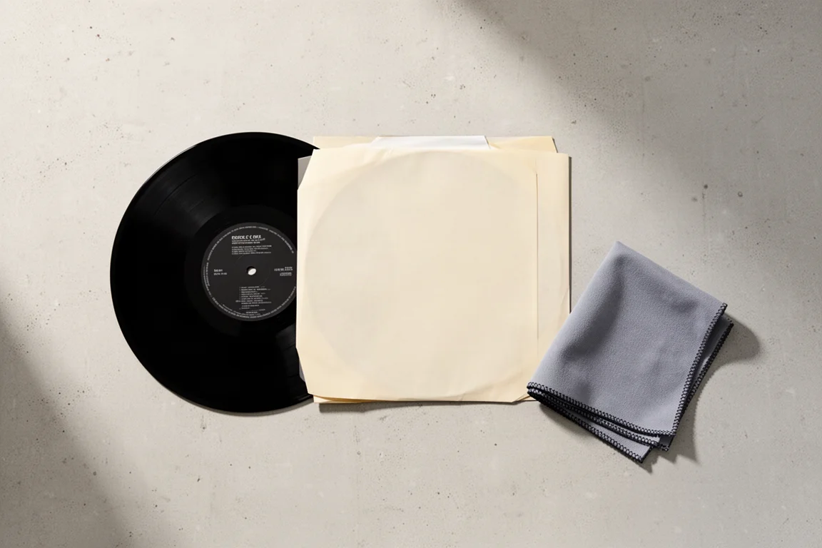 Overhead flat lay of a vinyl record, inner sleeve and cleaning cloth