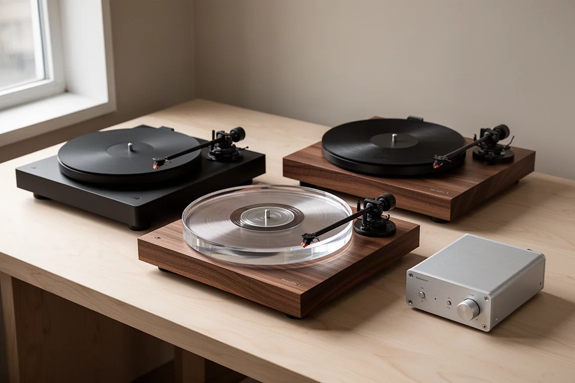 Three belt-drive turntables with black and walnut plinths plus a compact phono preamp on oak