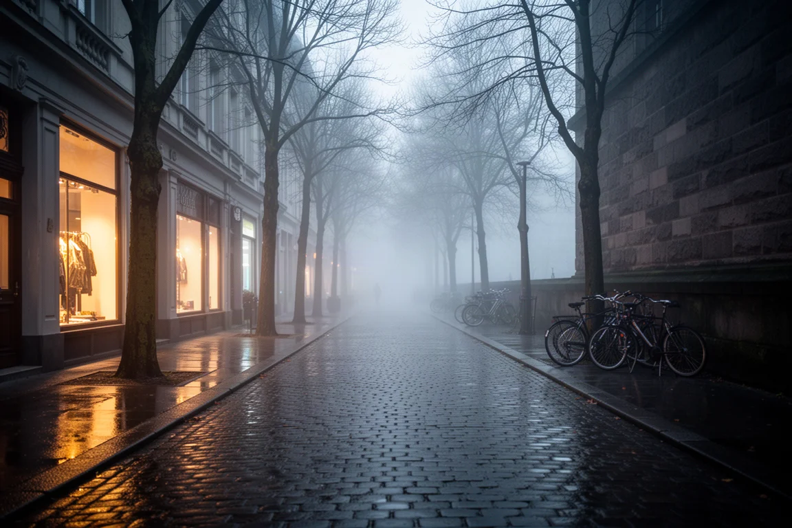 Ruhige Winterstadtstraße in der Dämmerung mit nassem Kopfsteinpflaster und warmem Schaufensterlicht