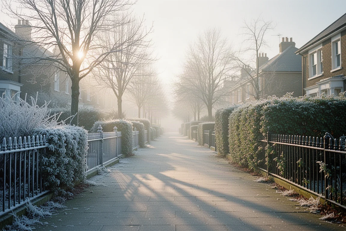 Frostiger Wintermorgen in der Stadt mit tiefer Sonne durch kahle Zweige