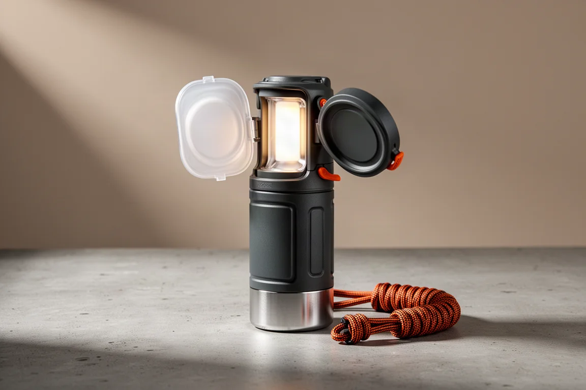 UCO Leschi lantern flashlight with its diffuser housing extended on a matte concrete surface