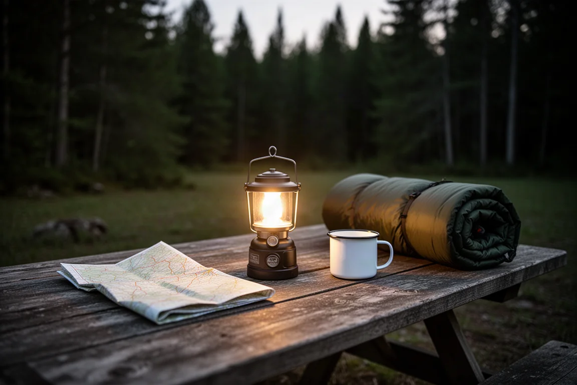 Piccola lanterna che emette una luce bianca calda su un tavolo da picnic in legno in un campeggio al crepuscolo