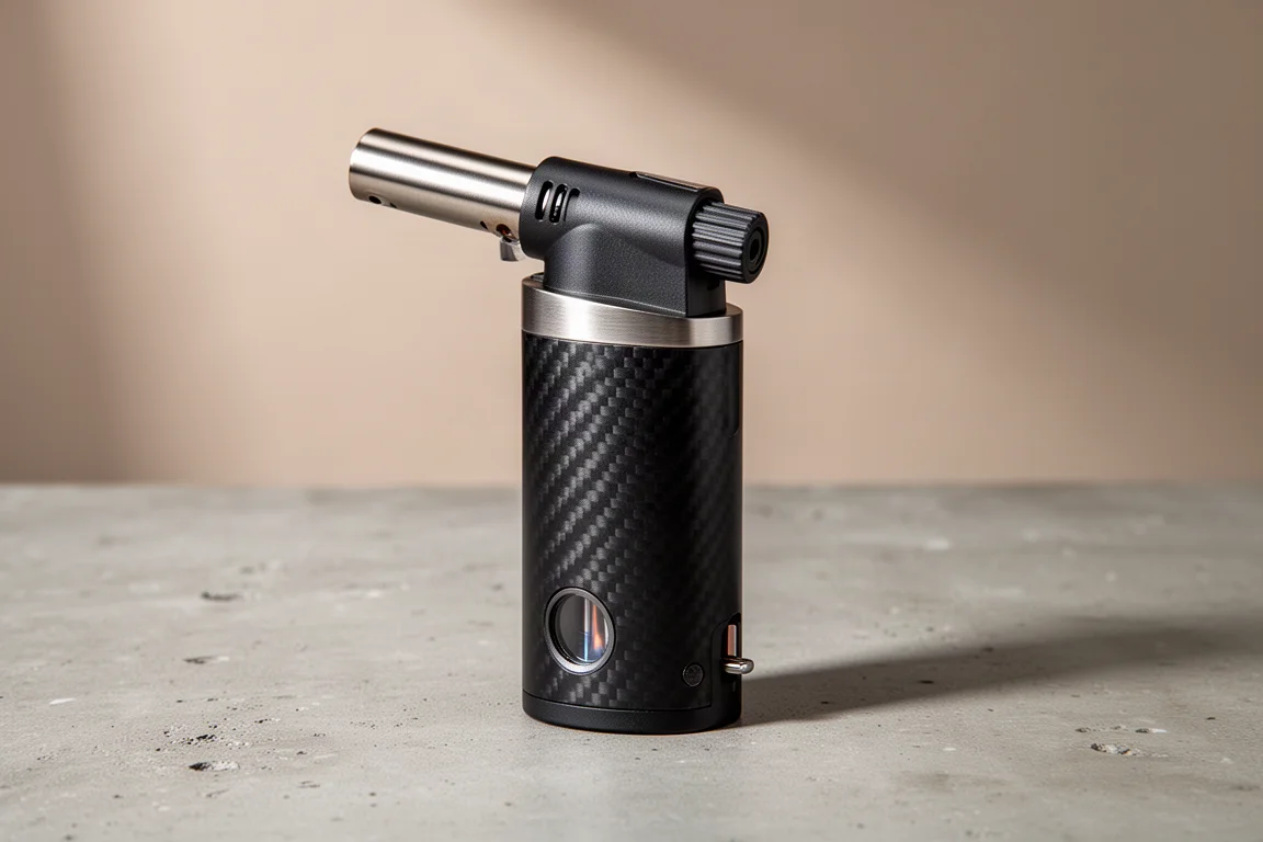 Compact butane torch lighter with a partially extended barrel on a concrete surface