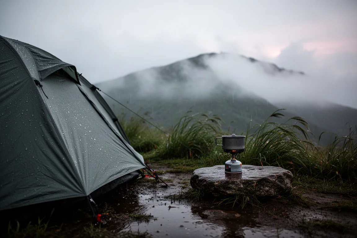 Campamento alpino empapado por la lluvia al atardecer con un hornillo sobre una roca plana