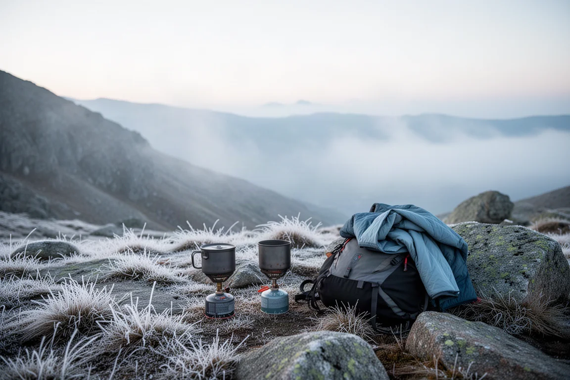 Campamento helado en altitud al amanecer con un hornillo y una mochila