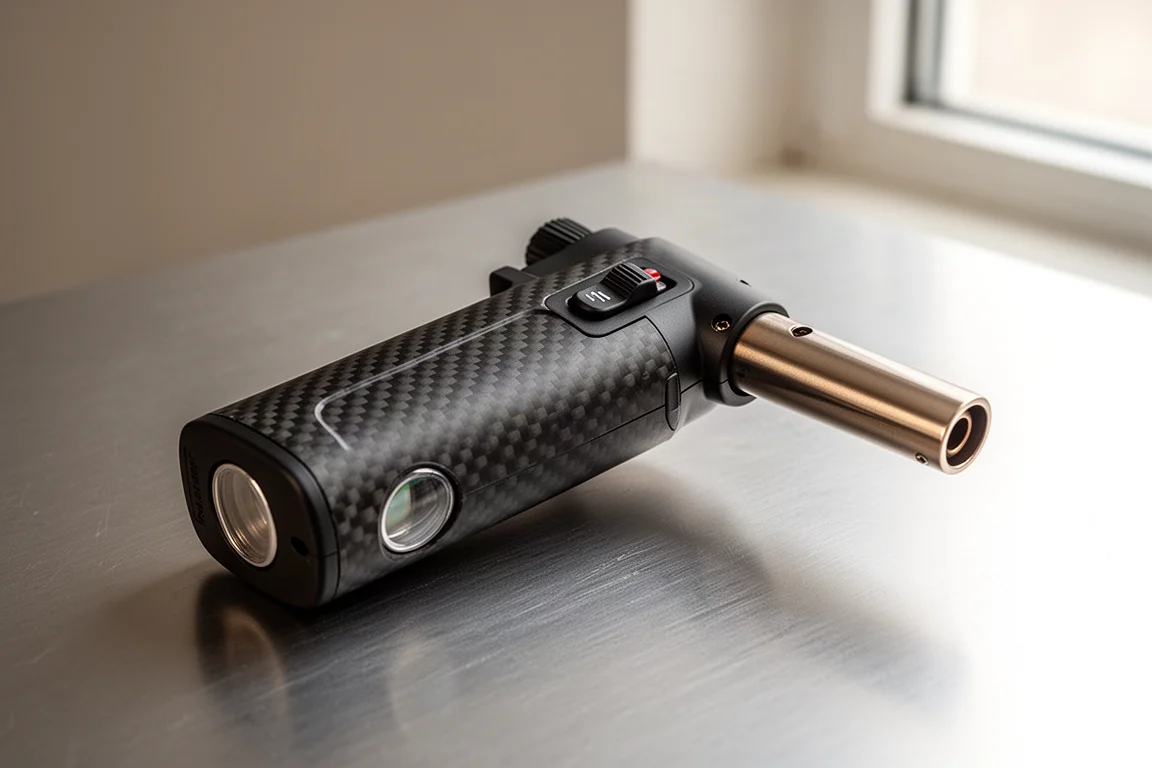Compact black telescoping butane torch lighter beside a butane canister on concrete