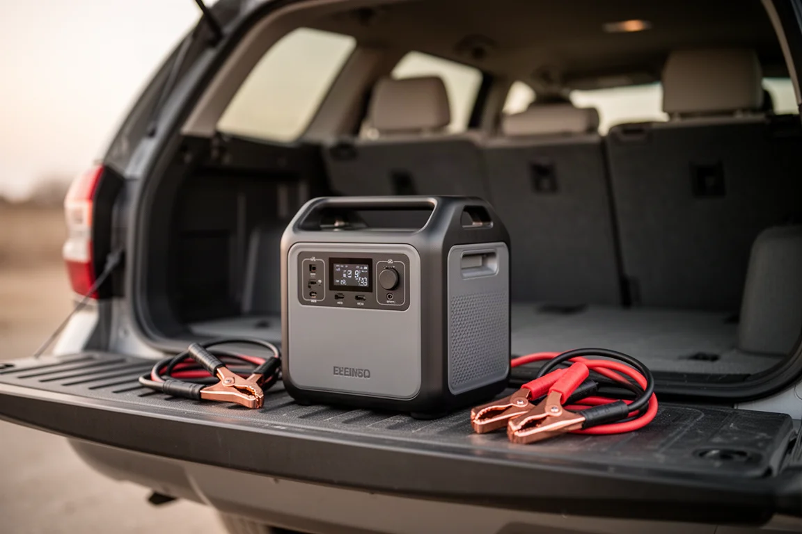 Portable power station on a truck tailgate with jumper cables laid out beside it
