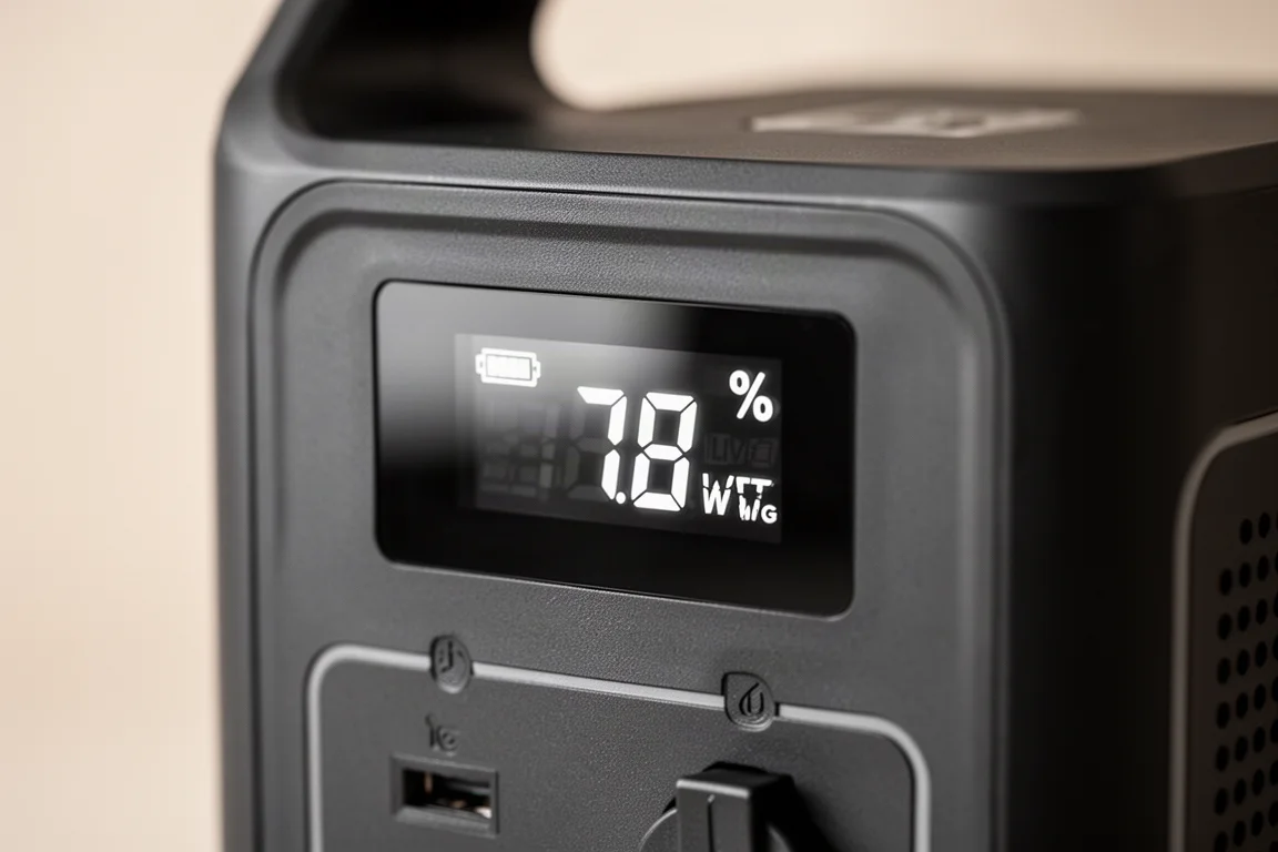 Close-up of the power station display showing battery percentage and live input wattage