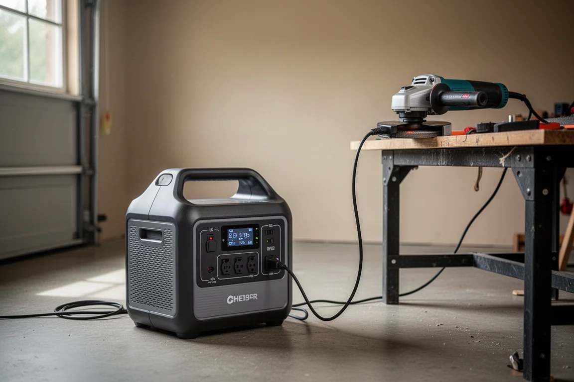 Portable power station running a power tool in a garage workspace