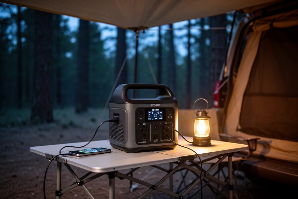 Camping scene at dusk with a power station charging devices under an awning