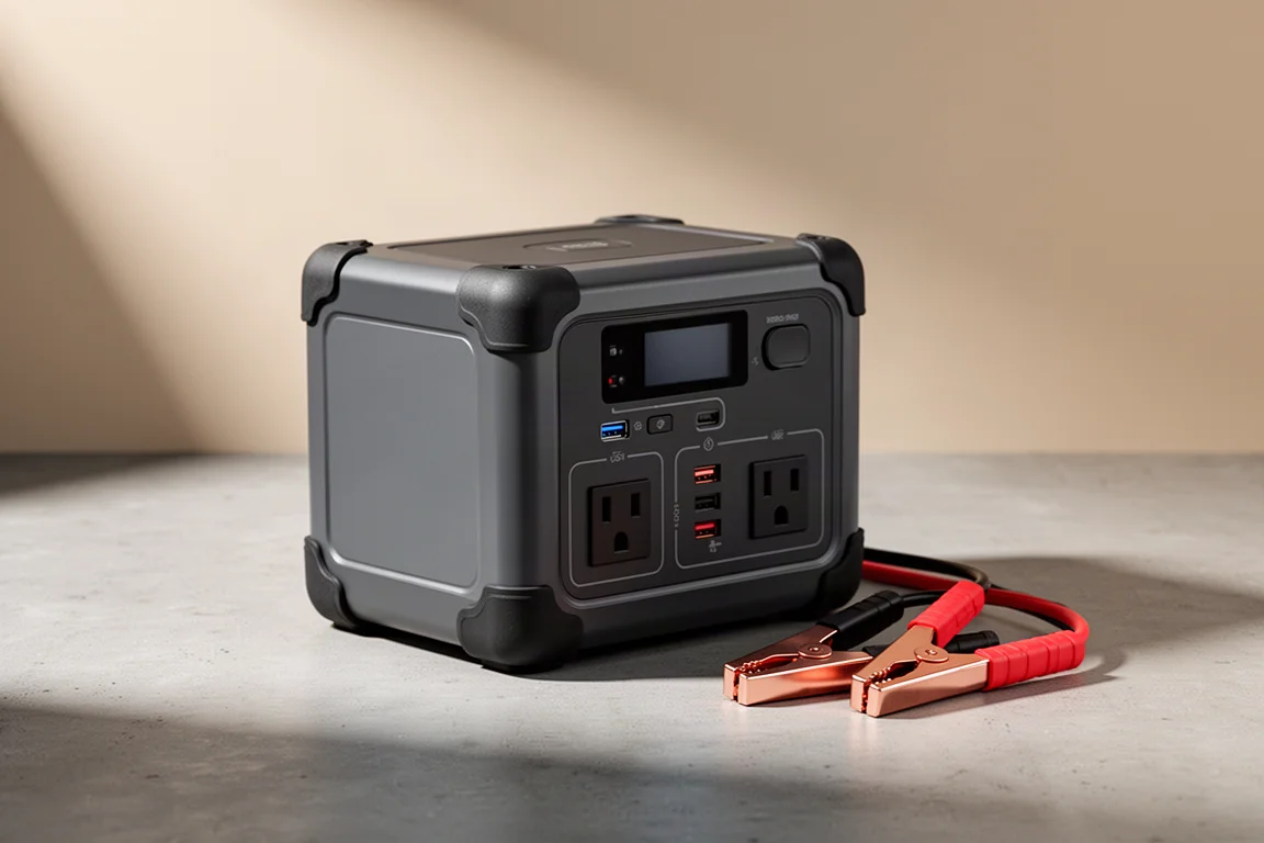 UD Power C400 portable power station with jumper cable clamps on a concrete surface