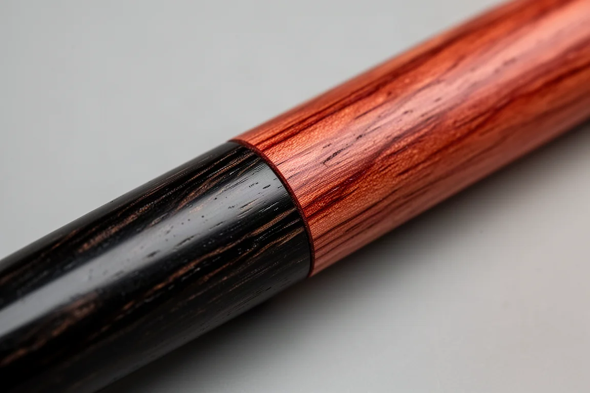 Cuerpo de madera bicolor del portaminas mostrando una unión perfecta entre maderas rojiza y negra