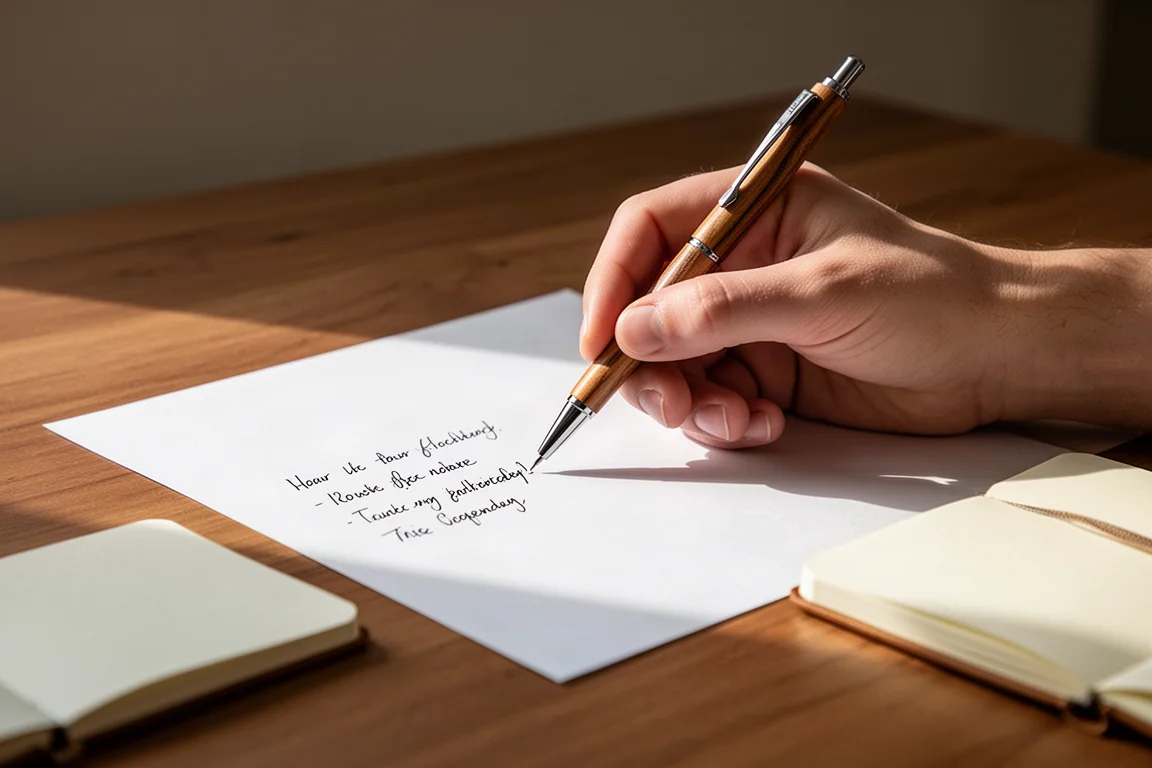 Manos escribiendo con un portaminas de madera sobre papel liso a la luz natural suave