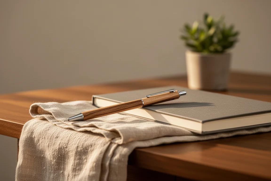 Portaminas de madera junto a un cuaderno cerrado y una taza de café en el borde del escritorio