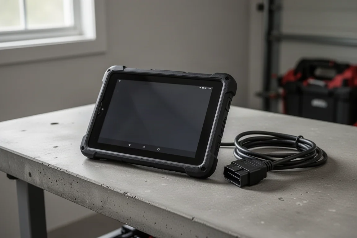 Wydajny tablet diagnostyczny w mocnym etui leżący na warsztatowym blacie w garażu