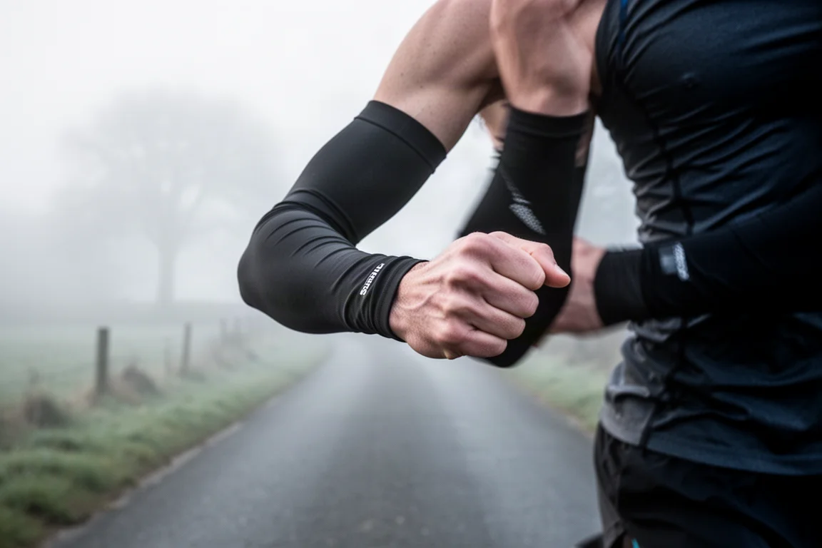 Unterarme einer Läuferin mit sitzenden Armlingen beim kühlen Morgenlauf