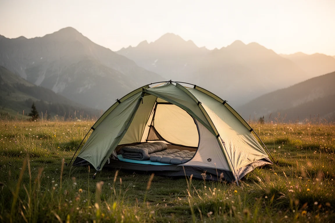 Tent voor backpacken op een rotsachtige bergkam bij schemering met bergen die vervagen in blauwe nevel