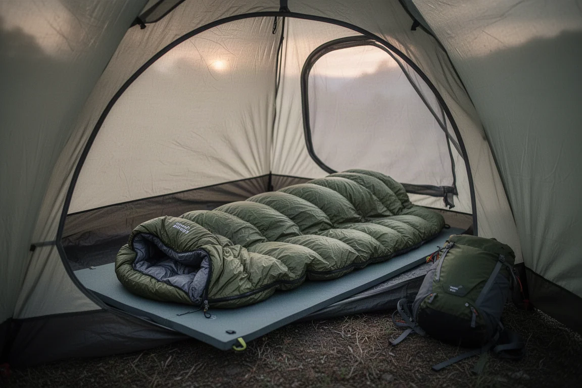 Dimmig alpincampingplats vid soluppgång med ett litet tält bland tallar och frost på gräset