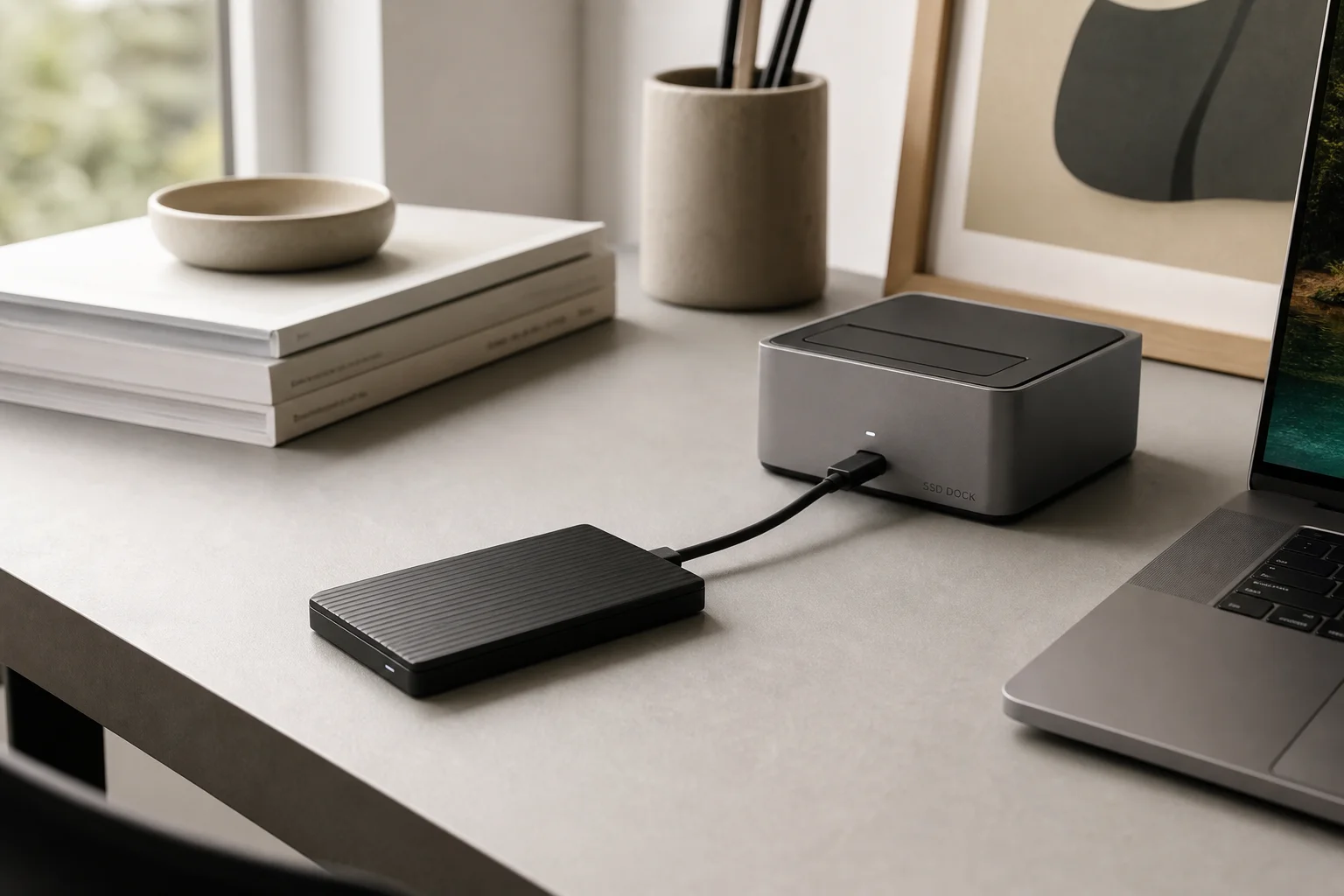 Tragbare SSD an einer Dockingstation auf einem Schreibtisch