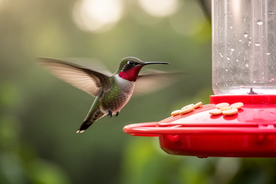 Ruby-throated kolibri zwevend bij een voeder in een achtertuin