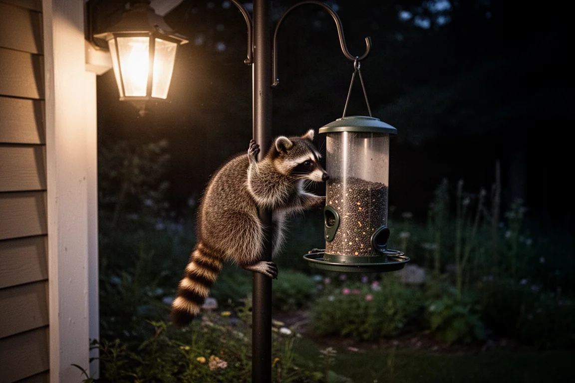 Wasbeer zittend op een hangende voeder 's nachts terwijl hij nectar drinkt