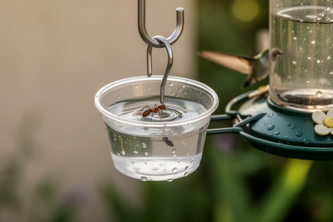 Met water gevulde mierenkering gemonteerd boven een kolibrivoeder op een paal