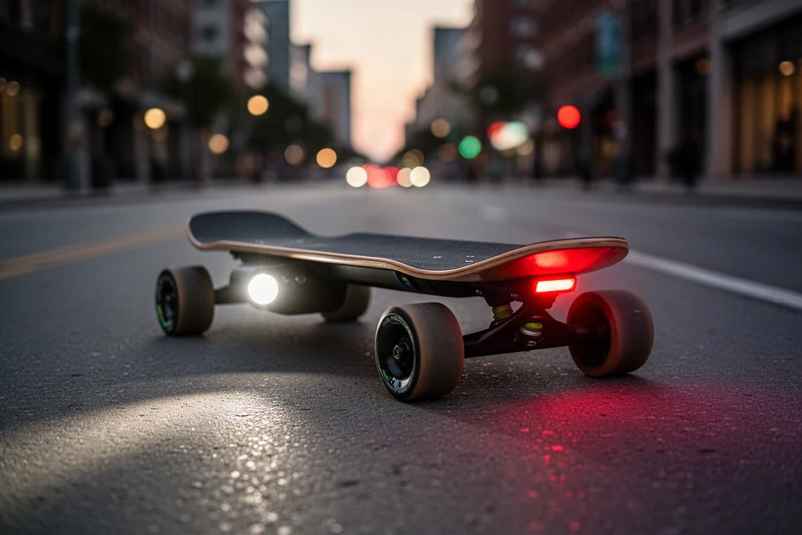 夕暮れの街中で、ヘッドライトとブレーキライトを点灯した電動スケートボード