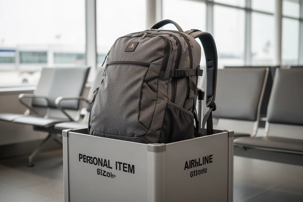 Deux sacs à dos de voyage posés à côté d'un gabarit d'objet personnel de compagnie aérienne dans un aéroport